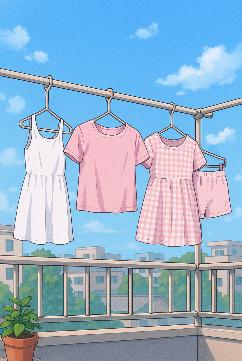 ベランダ（バルコニー）に女の子の服の洗濯物がある背景