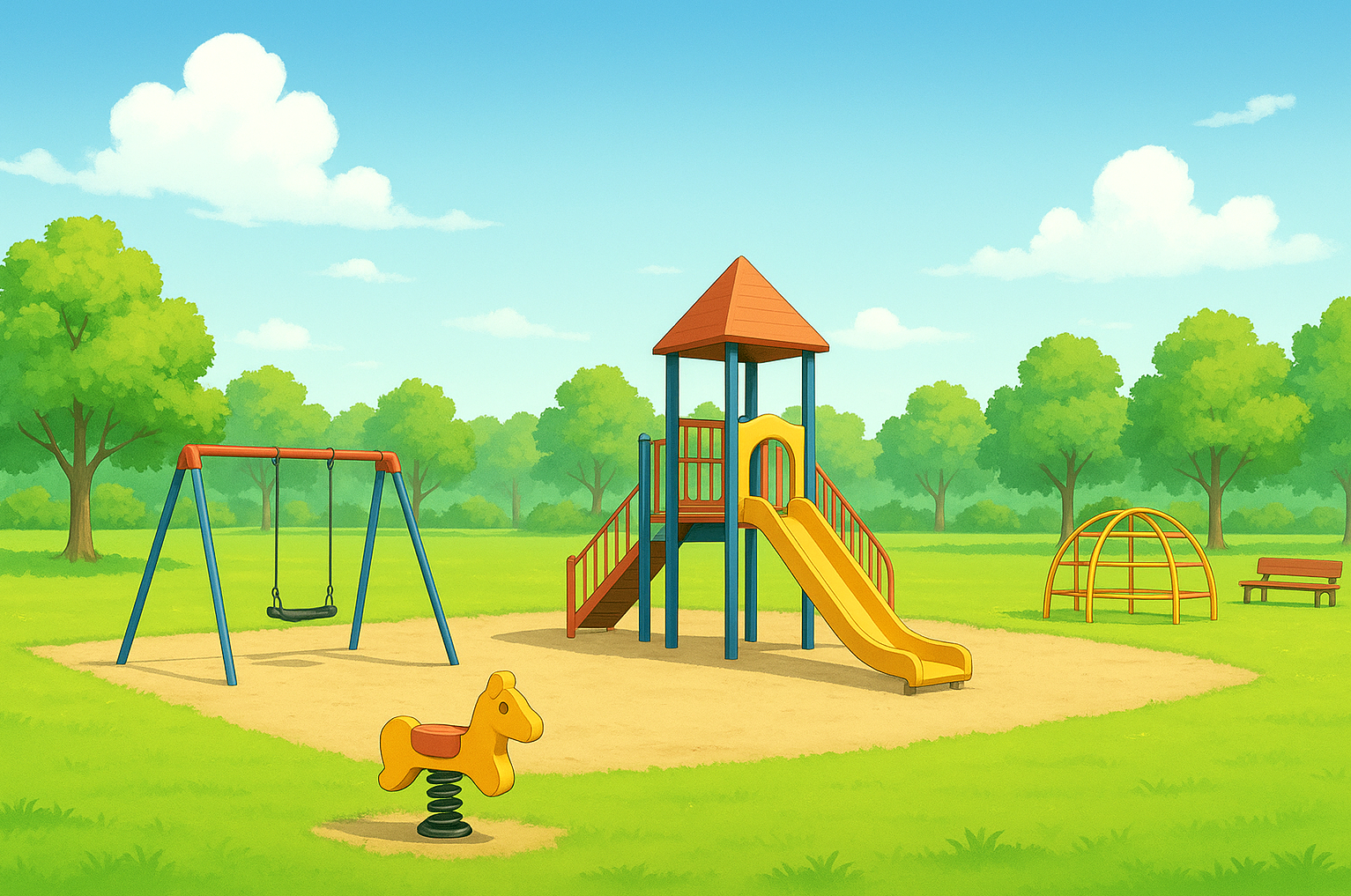 公園のフリー背景素材|滑り台やブランコなど遊具が並ぶ明るい公園の背景画像|無料・商用利用OK