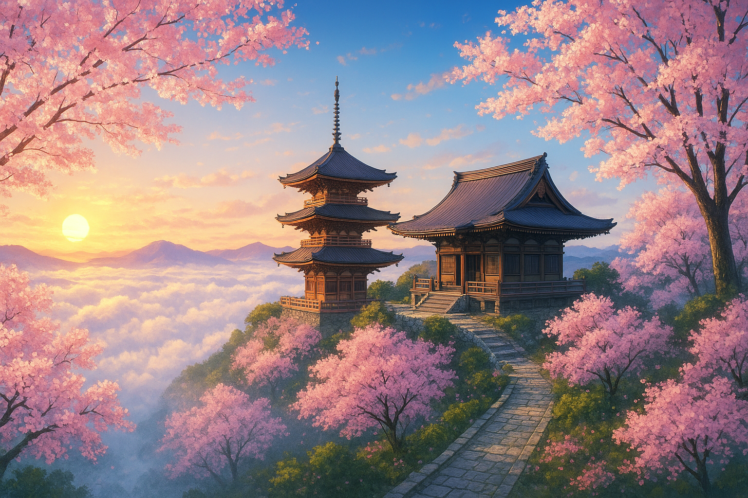 天空の桜の神社の背景