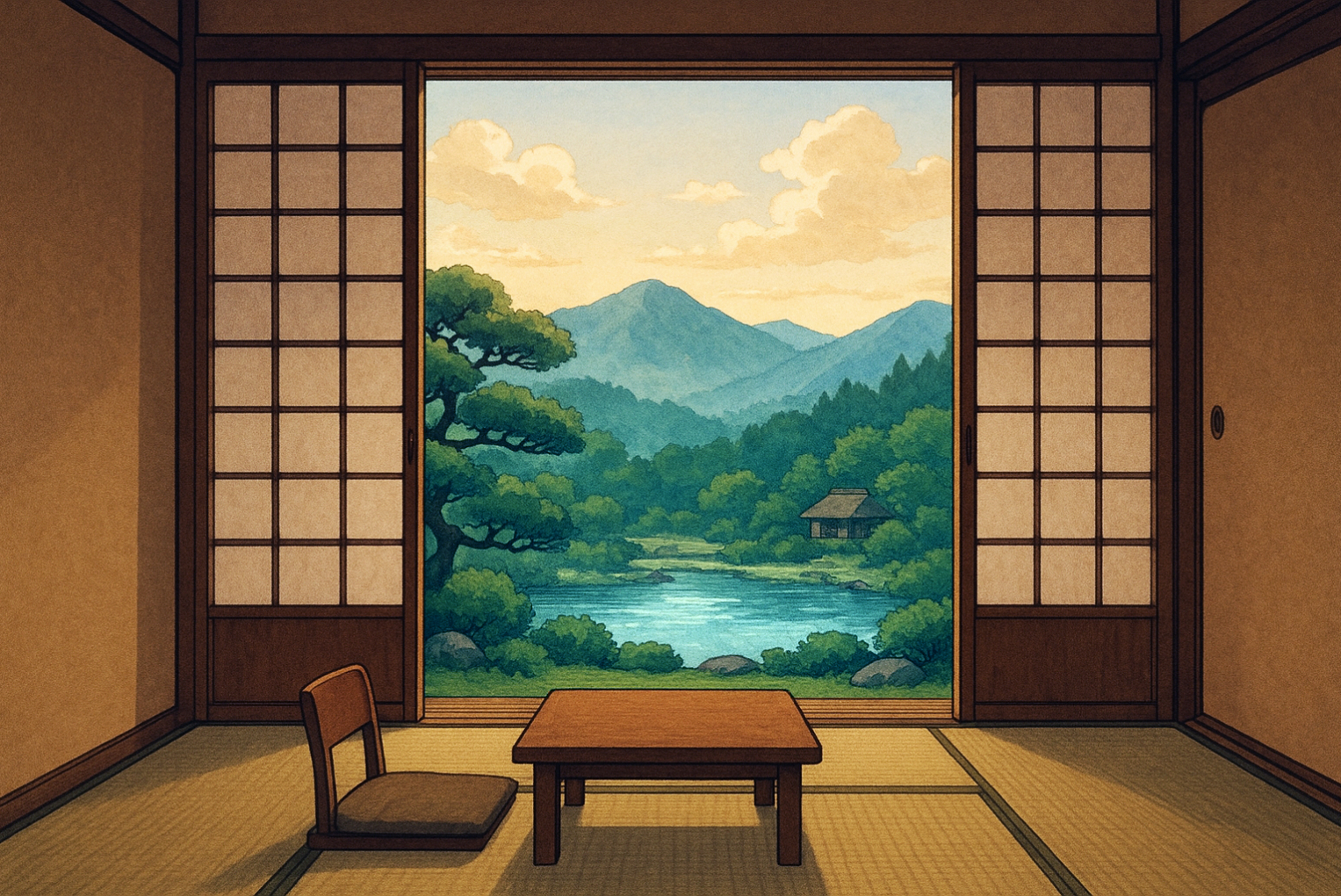 日本旅館の畳和室と座卓の客室背景フリー素材|和室・旅館部屋・無料・商用利用OK・高解像度