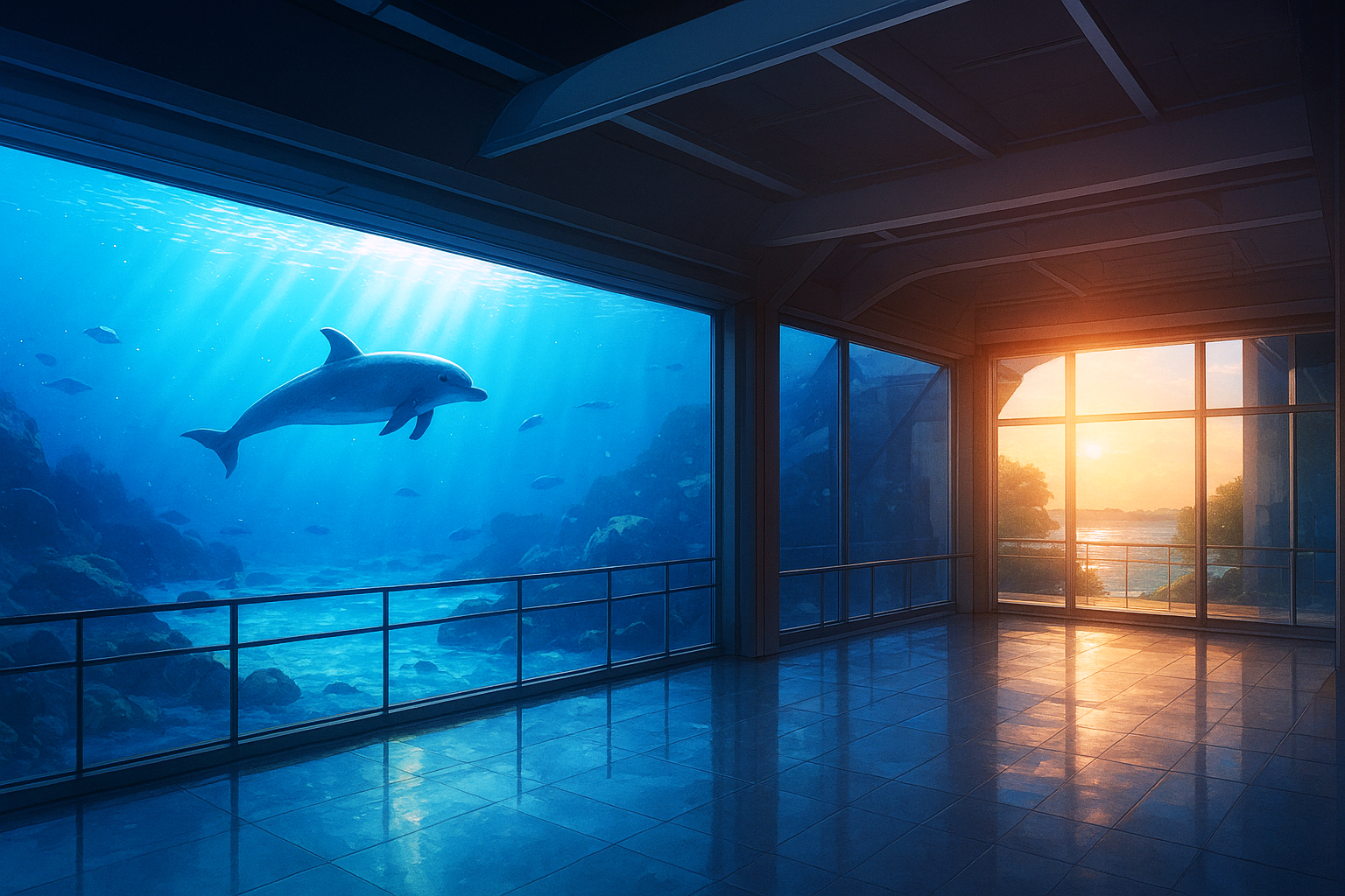 水族館の通路から見える海中展示の背景フリー素材|没入感ある水中空間