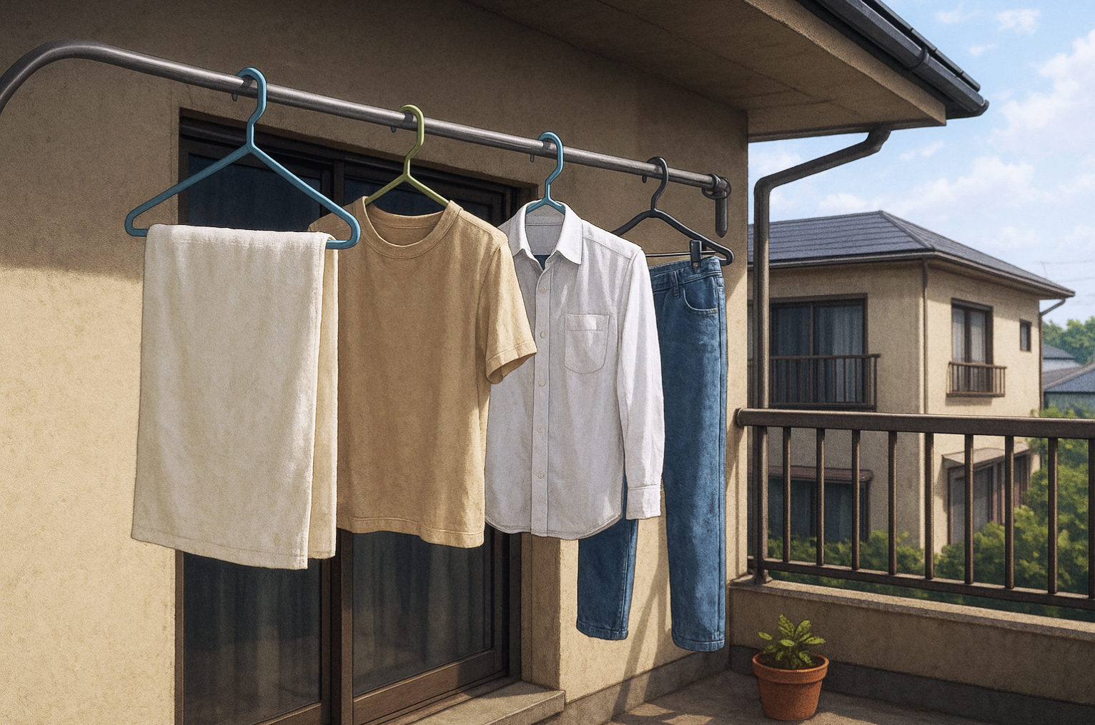 住宅ベランダの物干しスペース背景フリー素材|洗濯物・青空・無料・商用利用OK