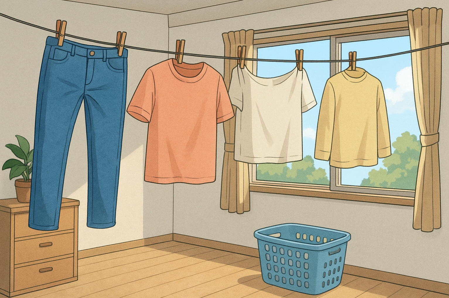 室内干しのランドリールーム背景フリー素材|洗濯物・部屋干し・無料・商用利用OK