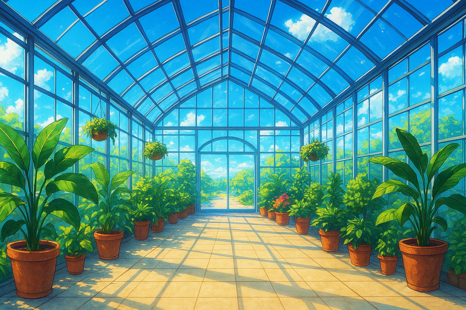 草原と温室の背景フリー素材|植物園ガラス温室・自然風景・無料・商用利用OK・高解像度