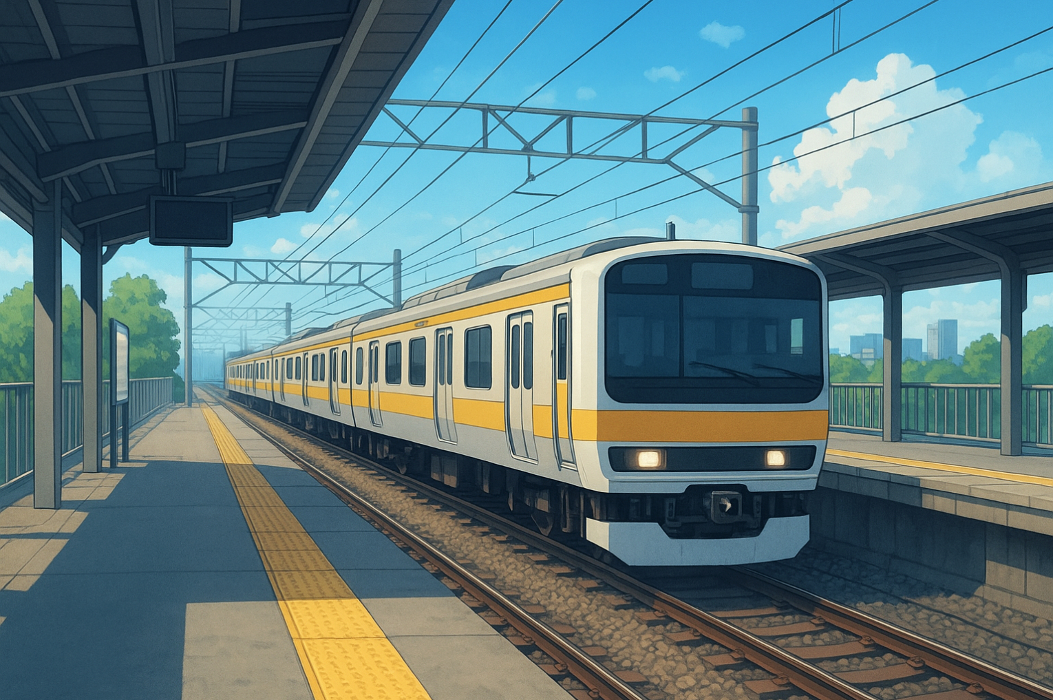 走行中の電車と駅風景の背景フリー素材｜鉄道風景・無料・商用利用OK
