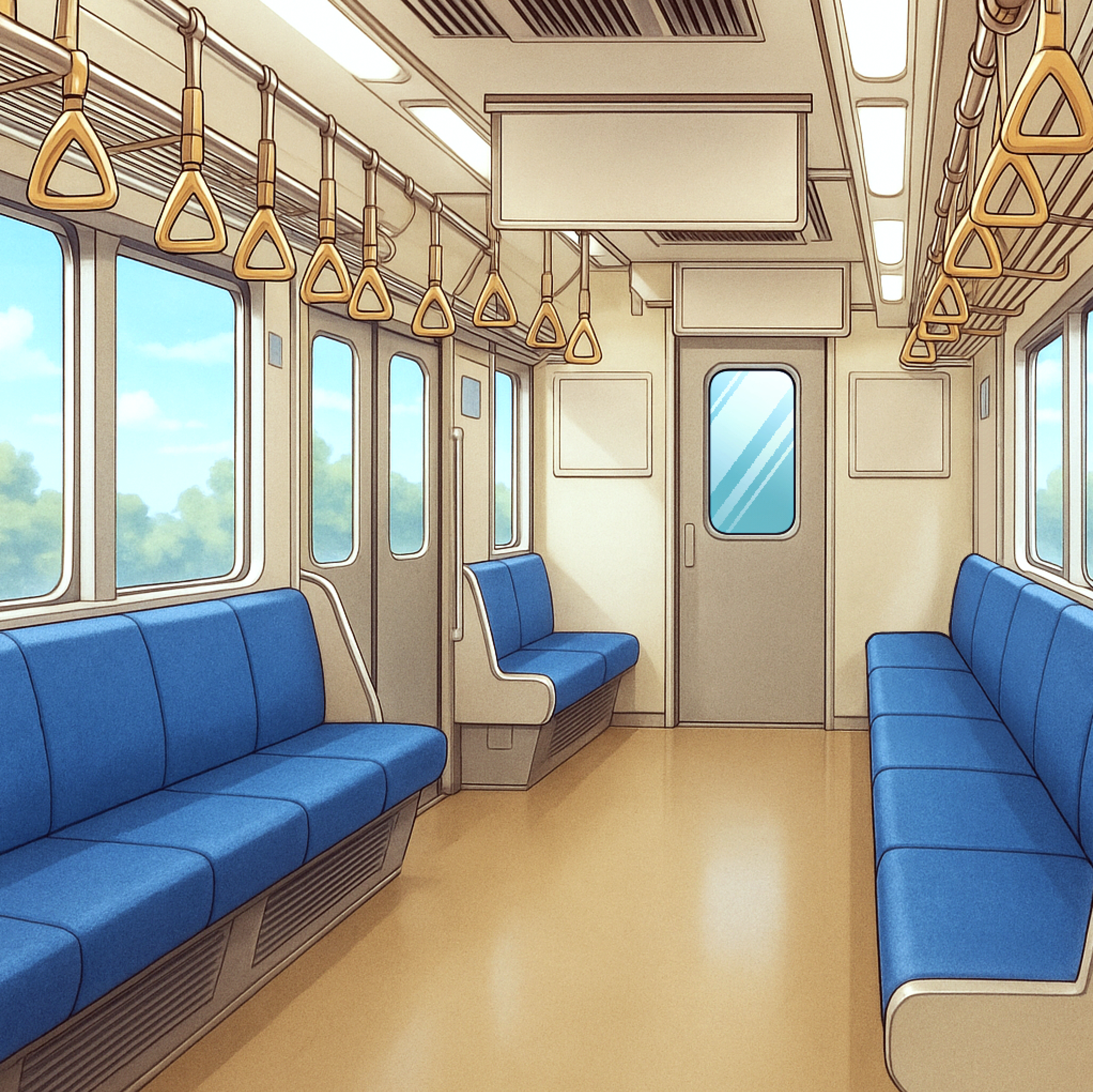 電車内の座席と車内風景背景フリー素材｜車両内部・無料・商用利用OK